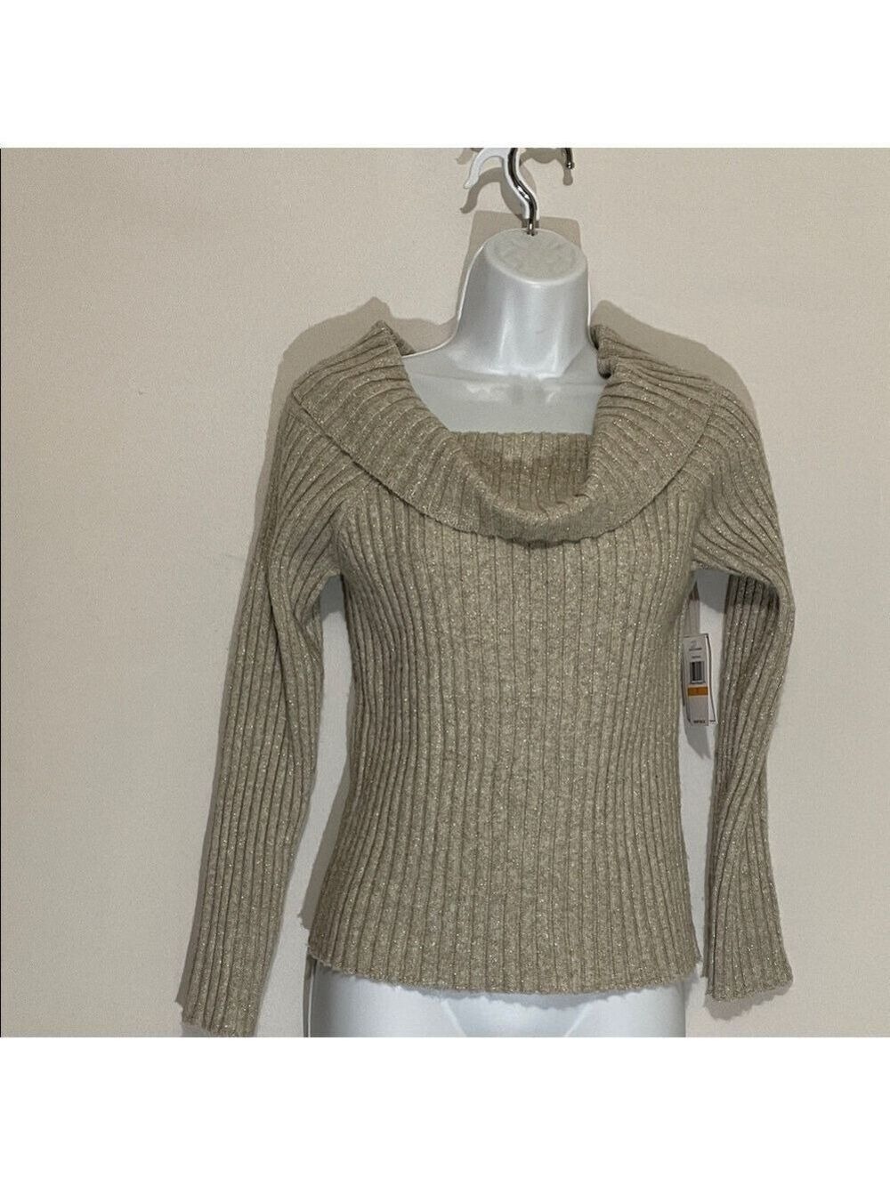 1.STATE Women's Ribbed Cowl-Neck Knit Sweater - Beige